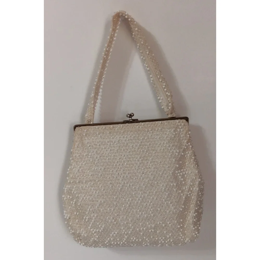 Vintage Beaded Purse Bag Cream White Kiss Lock Clasp Bridal Formal Evening READ